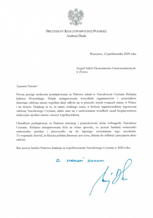 List z podziękowaniem od Prezydenta RP Andrzej Dudy